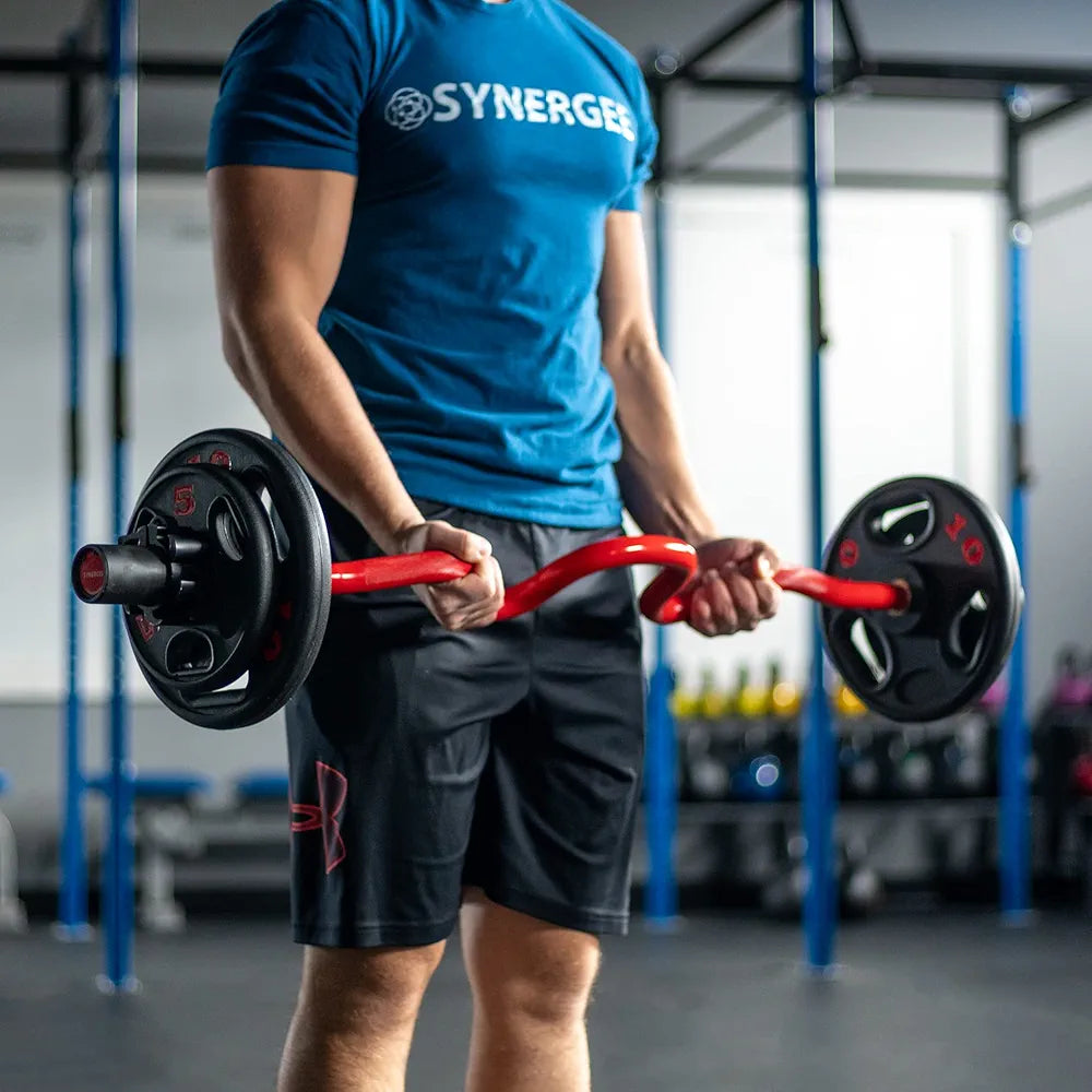 Synergee Commercial Super EZ Curl Olympic Bar Chrome, Black Phosphate and Red