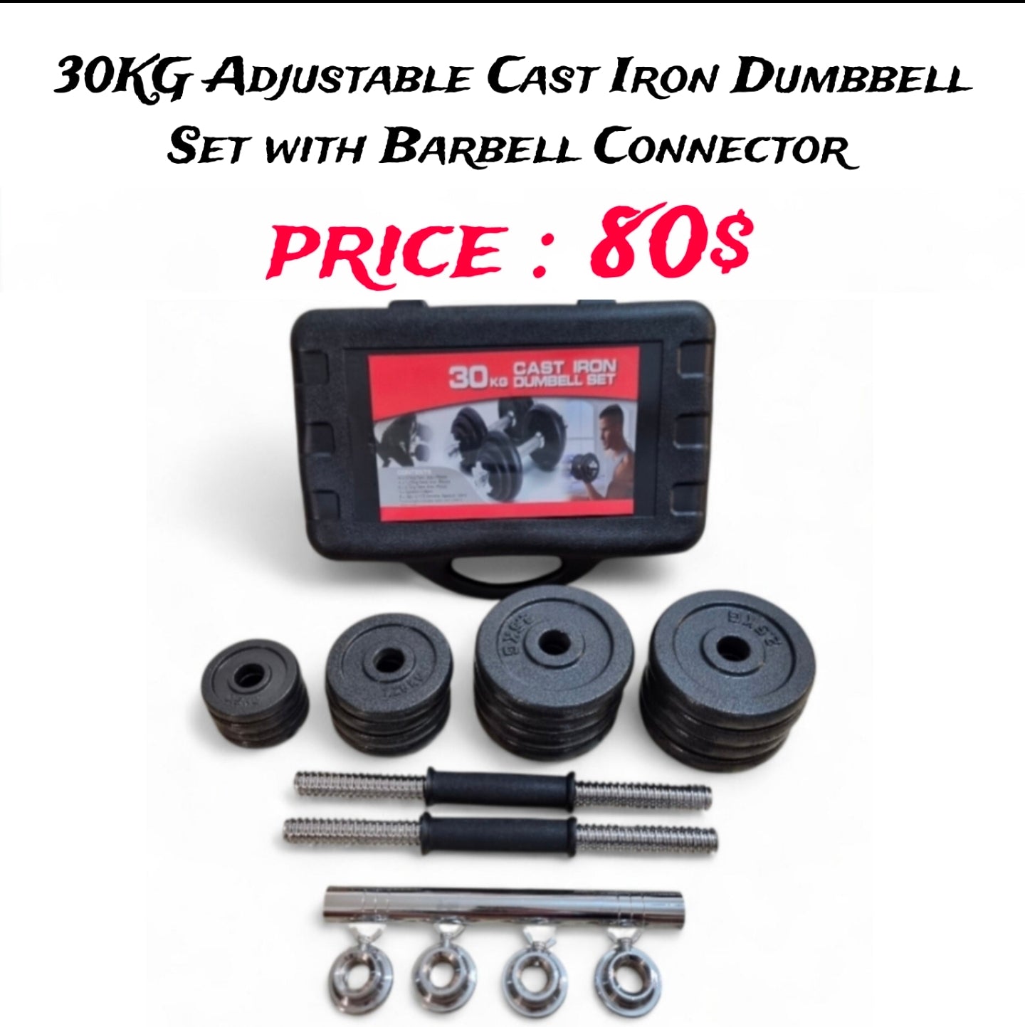 30kg Adjustable Cast Iron Dumbbell Set with Barbell + Connector