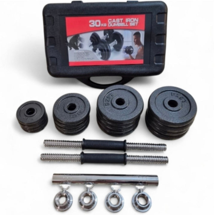 30kg Adjustable Cast Iron Dumbbell Set with Barbell Connector