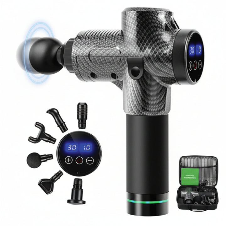Deep Tissue Massage Gun – 30 Speeds, 6 Heads, LCD Touch Screen